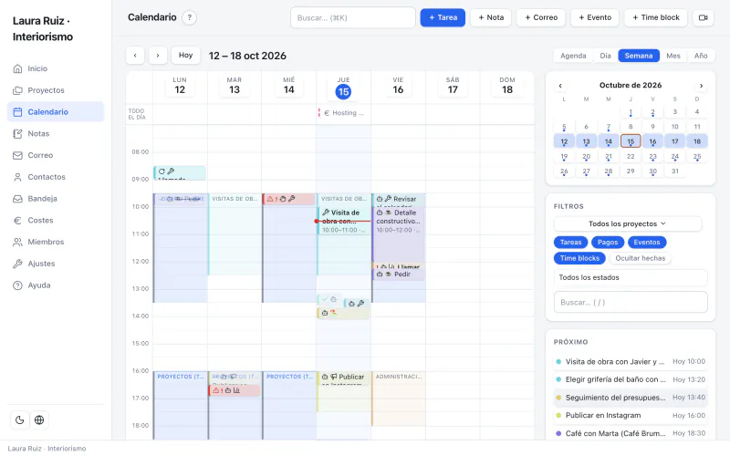 Calendario con tareas, eventos y bloques